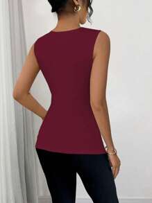 Chiquease 女士优雅性感无袖背心，金属装饰露肩，适合夏季休闲/度假，白色针织面料 - 紅色 - 查看 2