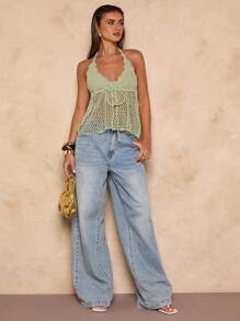 SHEIN BAE Women's Boho Knit Halter Crop Top: Green Sleeveless Semi-Sheer Scalloped Knitwear With Asymmetrical Hem - Green - View 6