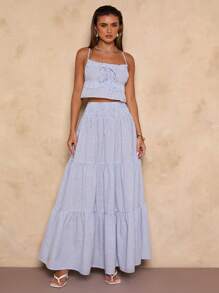 SHEIN BAE Women's Casual Blue Striped Maxi Skirt: Woven Fabric, Tiered Layers, And Elastic Waist For A Comfortable And Stylish Look - Beige - View 1