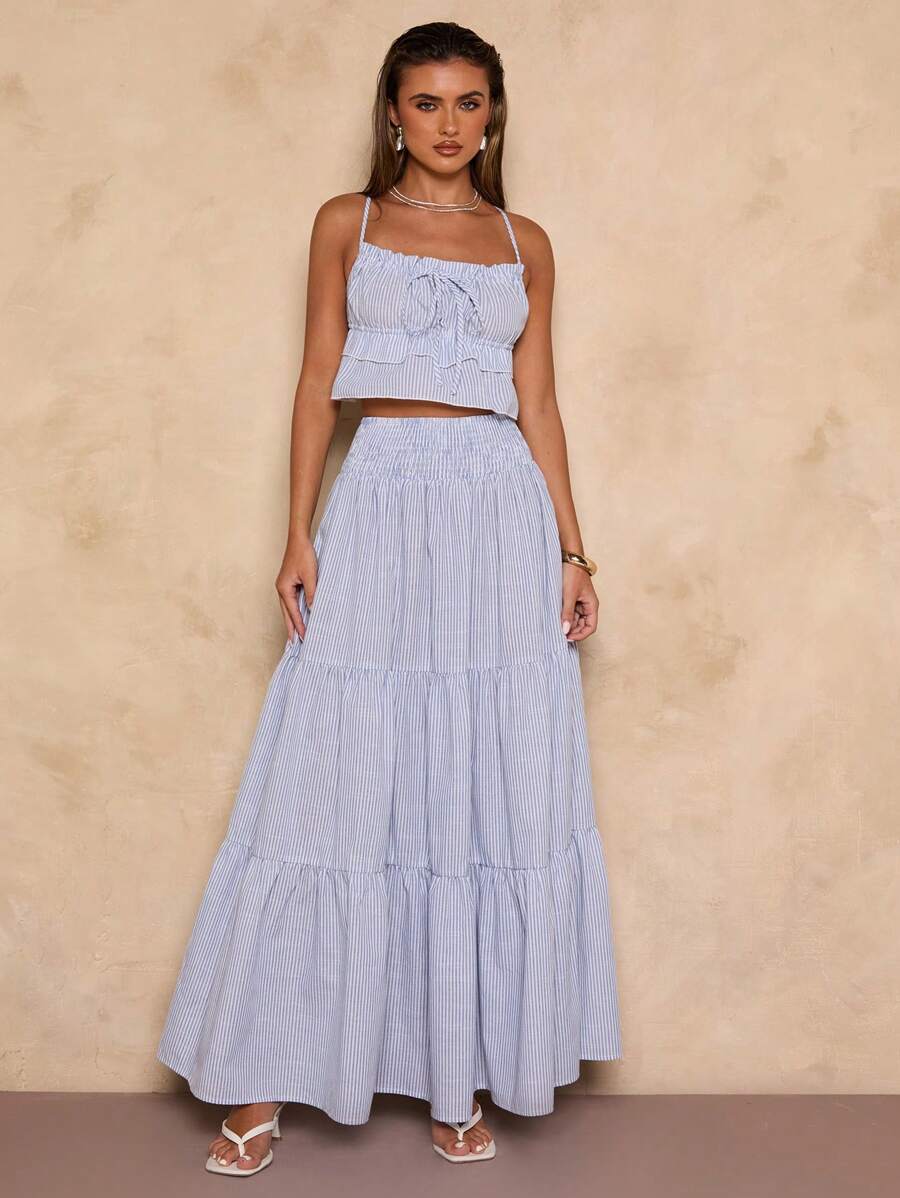 SHEIN BAE Women's Casual Blue Striped Maxi Skirt: Woven Fabric, Tiered Layers, And Elastic Waist For A Comfortable And Stylish Look - Beige - View 1