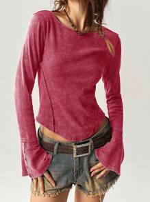 Bohemela BOHO Vacation Solid Color Knit Round Neck Flare Sleeve Fitted Regular Women T-Shirt