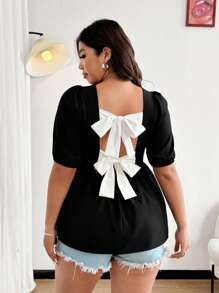 SHEIN Clasi Plus Size Fashionable Vacation Sweet Open Back Bowknot Puff Sleeve Blouse - Black - View 6