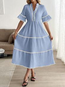 Breezaya Vestido de mujer para resort con decoración de volante con estampado floral de olas - Azul - Ver 3