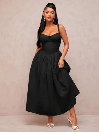 SHEIN SXY Vintage Elegant Sexy Solid Color Apricot Khaki Sleeveless Dress, Princess Style Tulle Skirt, Romantic For Valentine's Day Date, Party, Birthday, Graduation, Formal Occasion, Daily Wear, Holiday, Beach