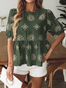 Omancia 法式度假风蝴蝶结镂空短袖上衣 春夏 - 綠色 - 查看 6