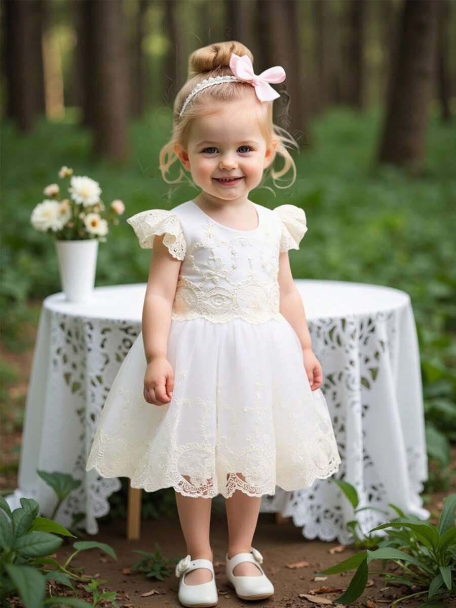 Glamorique Kids Vestito da festa in tulle ricamato e raso per bambina, abito da battesimo, abito da compleanno, abito da damigella, per feste e banchetti
