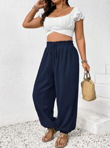 SHEIN Frenchy Plus Size Solid Color Paper Bag Waist Tied Loose Wide Leg Pants