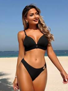 SHEIN Swim Lushore Bộ đồ bơi bikini 2 mảnh có viền đen gợi cảm cho nữ - màu đen - Xem 5