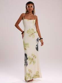 SHEIN BAE Women's Elegant Floral Print Maxi Dress: Sleeveless Spaghetti Strap Knitted Mermaid Hem Beige Maxi Dress For Special Occasions,Valentine's Day,Valentine Outfits For Women - Beige - View 5