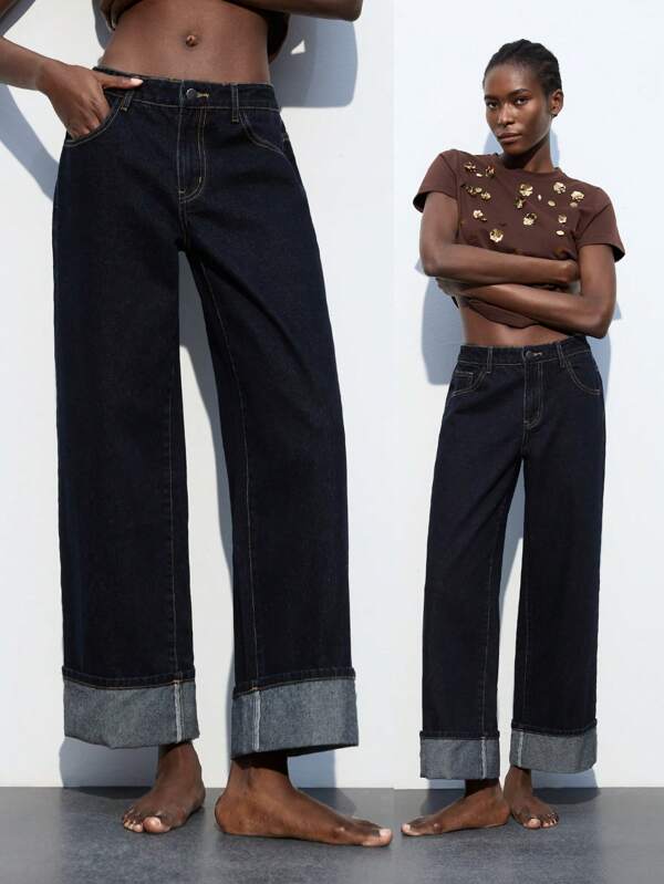 Maija Women's Vintage Washed Blue Straight Leg 7/8 Jeans, Cuffed Hem, Casual And Business Versatile Loose Fit Denim Pants, Autumn