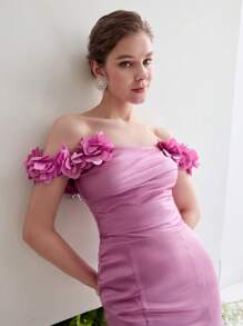 MOTF PREMIUM 3D FLOWER DECOR RUCHED MERMAID DRESS - Hot Pink - View 2
