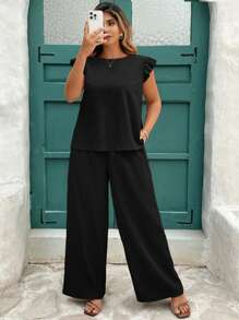 Reflora 卡其色盖袖松紧腰阔腿裤两件套，优雅日常装扮，春夏季，大码女装