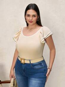 Chikora Große Größen Kontrast Bindung Rüschenverzierung Rundhals Kurzarm T-Shirt