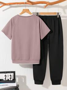 Conjunto informal de pantalón de chándal y camiseta de "Dos Piezas" para niño preadolescente - Rosa vieja - Ver 2