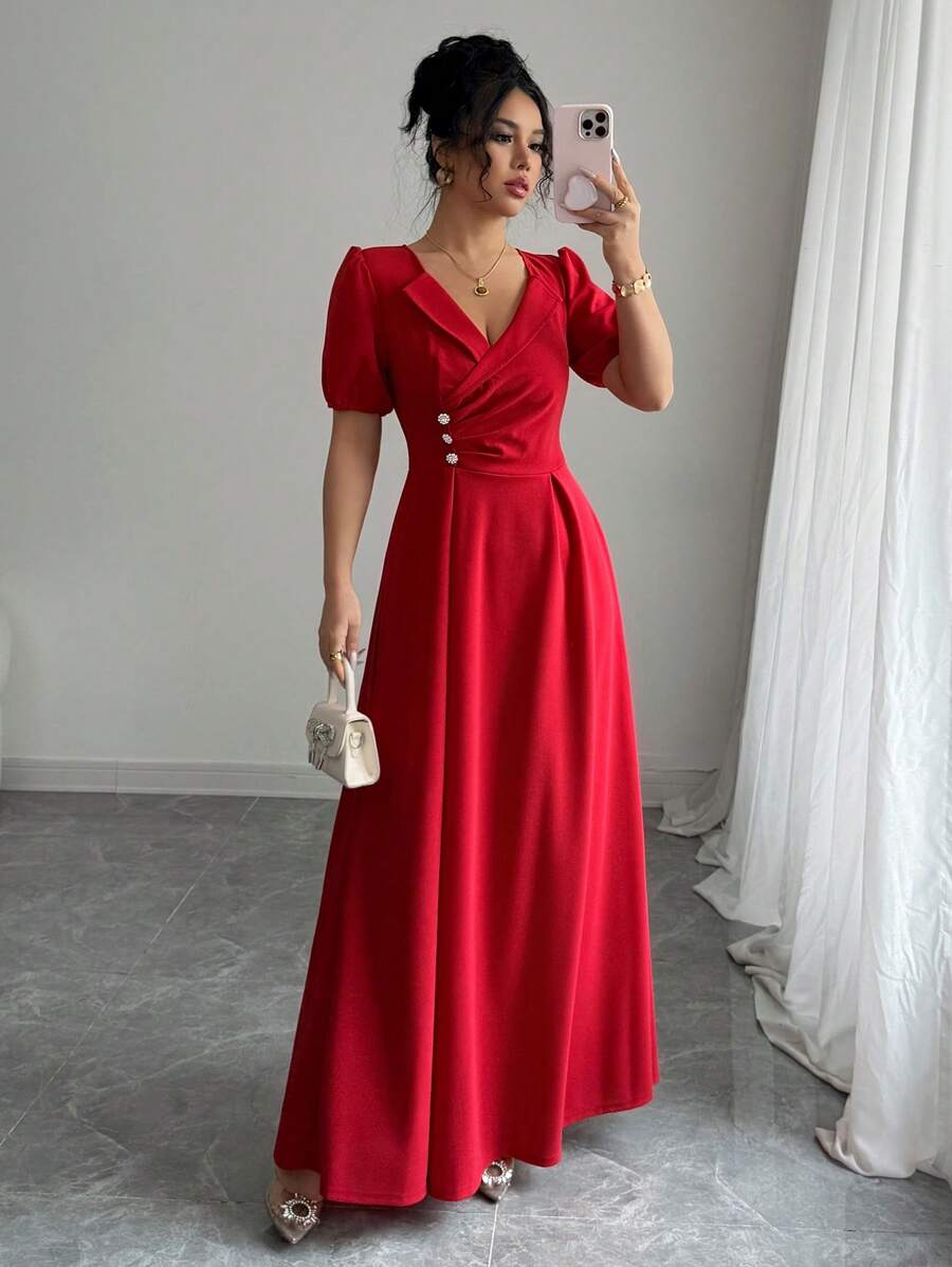 Elenzga Graduation Season V-Neck Gathered Waist A-Line Ruffle Trim Elegant Romantic Office Lady Dress - Red - View 1