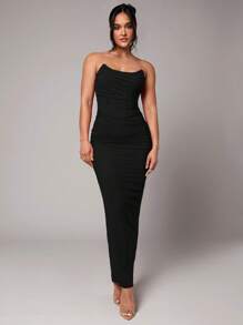 Silquee Early Spring & Summer Solid Red Sexy, Romantic Valentine's Day, Date, Cocktail Dress, Lady Solid Color Ruched Strapless Dress, Valentine's Date Dress, Party Dress, Romantic Dress, Bridesmaid Dress, Prom Dress, Workday Dress, Red Dress, Birthday Party Dress, Holiday Outfit,Summer Dresses For Women,Summer Dress,Summer Outfits For Women,Summer Dresses For Women,Summer Dress,Summer Outfits For Women Dresses For Wedding Event - Black - View 5