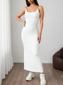 INAWLY Women Ribbed Knitted Slim Fit Midi Strap Dress - White - View 6