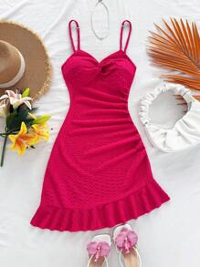 Soleia 女士度假白色针织纹理不对称扭纹胸围荷叶边下摆修身紧身迷你连衣裙，派对 - 玫紅色 - 查看 7