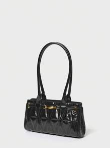 SHECARRY Túi đeo vai nữ bằng da PU mùa thu đông đi học đi làm du lịch sang trọng xu hướng túi chần bông tinh tế dây xích - màu đen - Xem 2