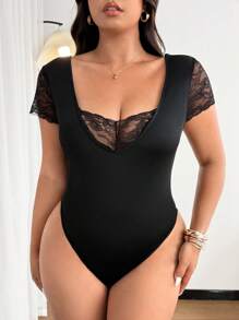 SHEIN MOOSTA Body elegante e casual in maglia di taglia oversize con inserti in pizzo nero
