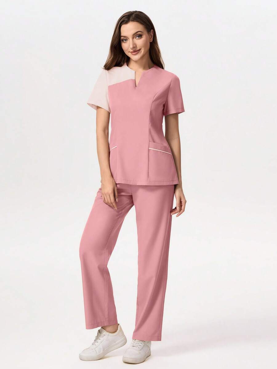TaskEZ Conjunto de uniforme de pijama médico con parte superior de manga corta con parches de color contrastante y pantalones largos - Rosa - Ver 1