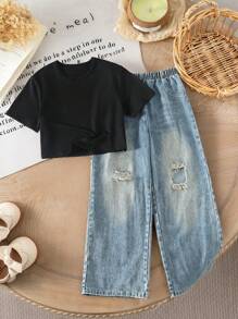 SHEIN 2pcs/Set Girls Black Summer Casual School Fashion Round Neck Drop Shoulder Short Sleeve Cropped T-Shirt And Elastic Waist Distressed Denim Pants - Black - View 5