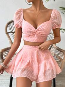 Breezaya 2 piezas Conjunto de Mujer: Blusa de Manga Corta y Falda, Ropa de Verano para Mujer, Conjuntos de Verano para Mujer, Blusas de Verano para Mujer - Rosa Pálido - Ver 5