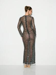 KIZN 亮片网眼长裙长袖冬季派对礼服水晶装饰红毯晚会礼服闪亮特殊场合正式礼服 - 黑色 - 查看 2