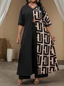 SHEIN Lady Plus Size V-Neck Long Sleeve Solid Color Patchwork Loose Casual Dress, Summer Plus Size Co-Ords Vacation Outfits Woman Beach Outfits For Woman - Black - View 3