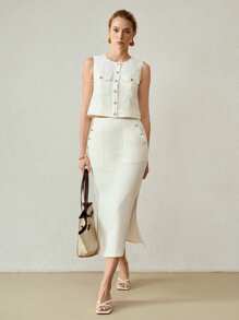 MOTF PREMIUM 亚麻混纺侧开衩纽扣细节半身裙