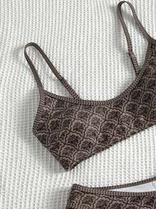 Swim Mod Springbreak 女式随机印花细肩带背心和高腰泳裤两件套泳衣套装 - 棕色 - 查看 3