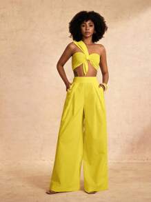 Zivah New Spring And Summer Casual And Elegant Vacation One-Shoulder Chest Knotted Strap Design Back Cropped Top + Wide-Leg Super Trousers White Woven Women's Two Pieces Set-A