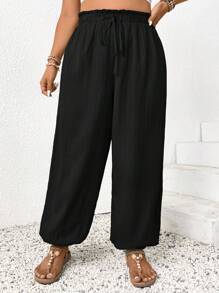SHEIN Frenchy Plus Size Solid Color Paper Bag Waist Tied Casual Wide Leg Pants