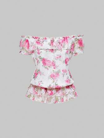 J-Fashion Y2K Style Women's Off Shoulder Lace Print Blouse With Puff Hem