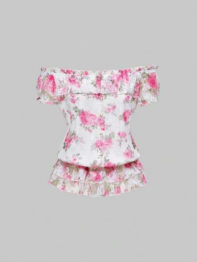 J-Fashion Y2K Stil Damen Bluse mit Spitzendruck, Off-Shoulder Puffärmel