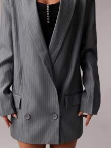 Forever 21 Blazer da donna a doppio petto con motivo a righe, manica lunga - Grigio Chiaro - Visualizzare 7