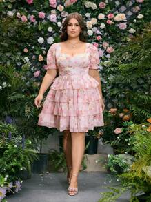 SHEIN MOD Plus Size Romantic Cut Out Floral Print Multi-Layer Ruffle Hem Dress.Womens Summer Dresses - Multicolor - View 1