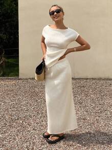 Livesso 2pcs/Set Women Solid Color Short Sleeve Ruched Top And Ultra Long Maxi Skirt, Fitted Silhouette Vacation - White - View 6