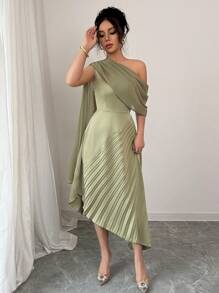 Rafferiza Women's Elegant Chiffon Draped One Shoulder Pleated Long Dress, Shiny, Spring/Summer