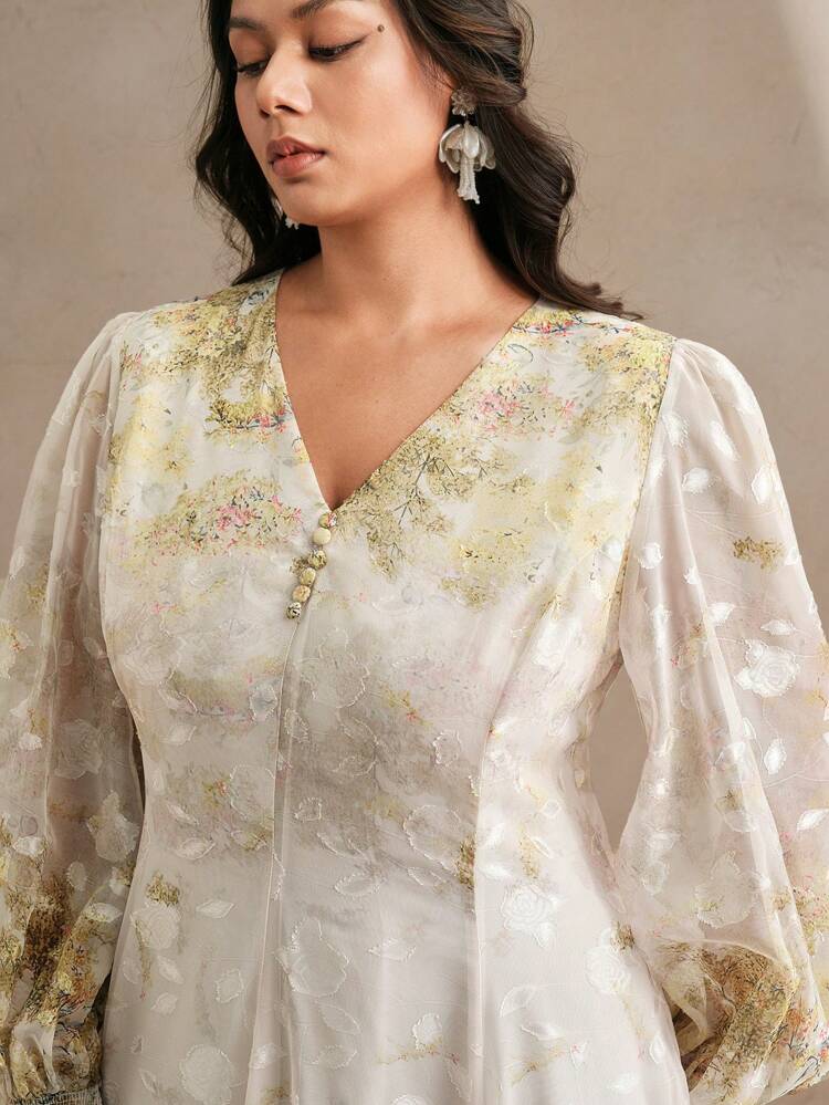 Women V-Neck Elegant Floral Print Long Sleeve Dress, Spring Outfits For Women, Suitable For Festival, Holiday, Elegant