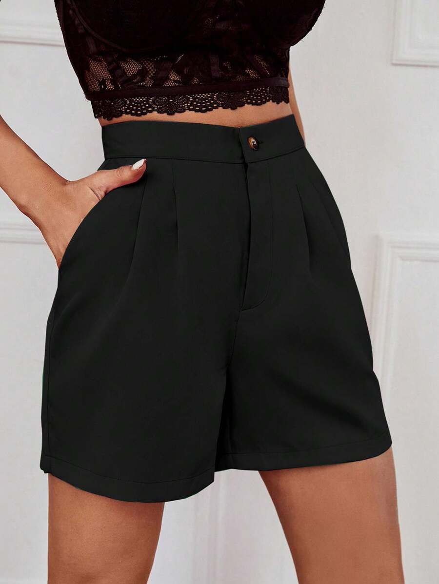 SHEIN Tall Women Tall Waist Straight Casual Minimal Shorts - Black - View 1