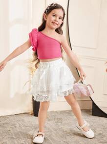 SHEIN 年轻女孩休闲蕾丝拼布多层荷叶边下摆蛋糕裙，白色 - 白色 - 查看 5