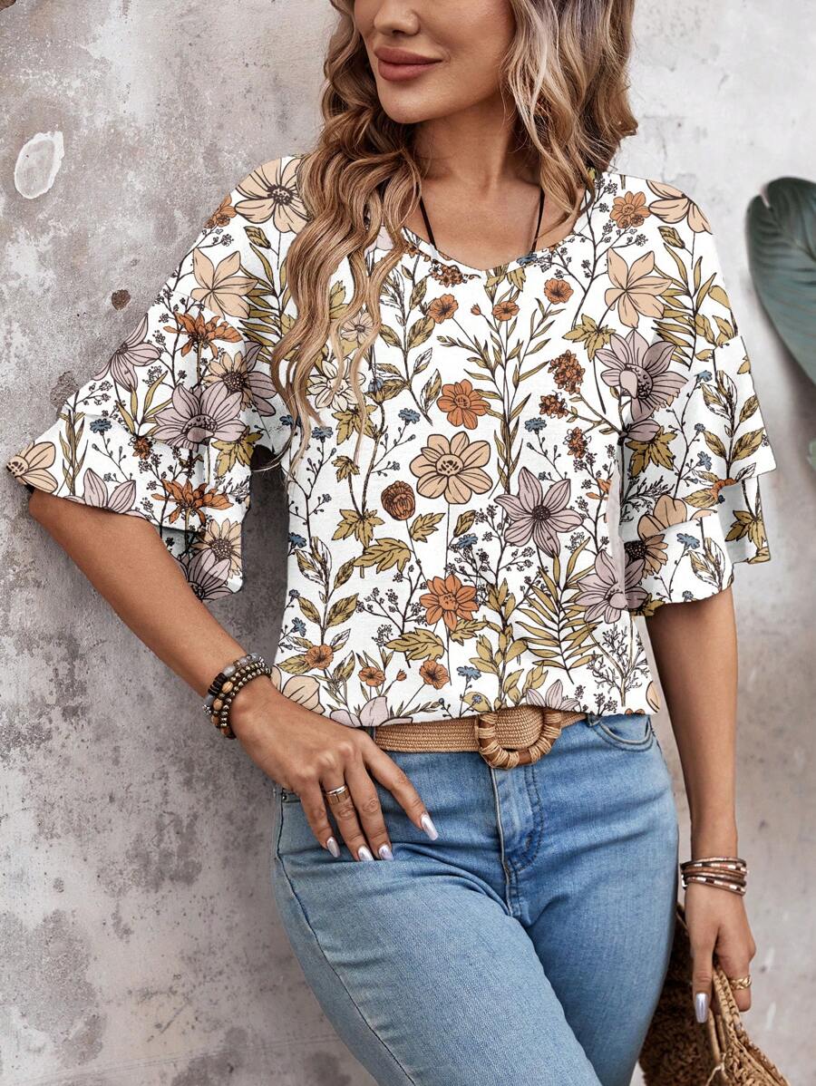 EMERY ROSE Women's Casual Loose Double Layer Ruffle Hem Short Sleeve V-Neck T-Shirt, Suitable For Summer Suitable For Going Out - Multicolor - View 1