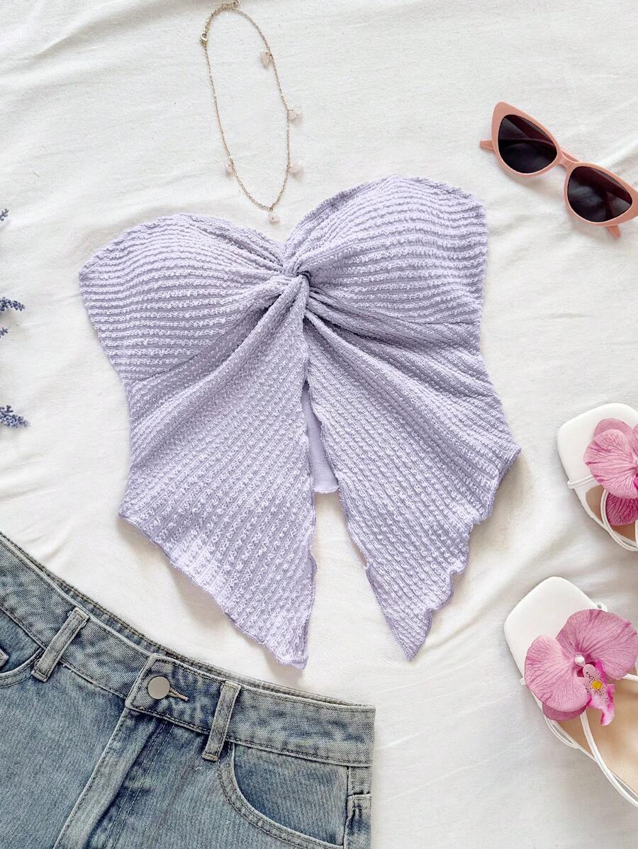 Soleia Women's Apricot Textured Knit Twist Front Uneven Hem Camisole, Vacation Style - Mauve Purple - View 1