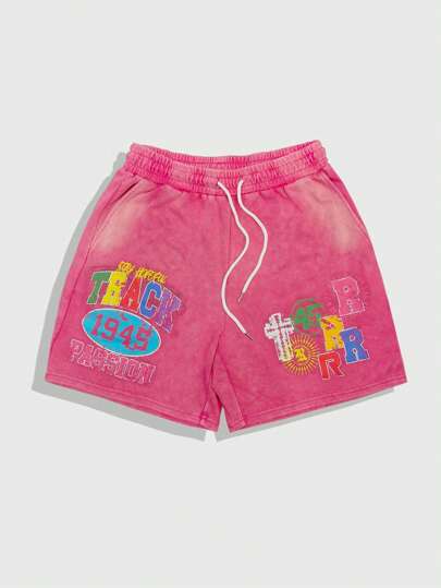 Street Life Pantalones cortos casuales de hombre con estampado de letras, cintura con cordón y bolsillos