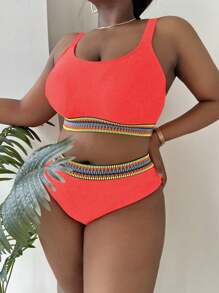 Slaydiva Plus Size Women 2pcs Solid Color Spaghetti Strap Tankini Swimsuit Set For Summer Beach Vacation - Red - View 4