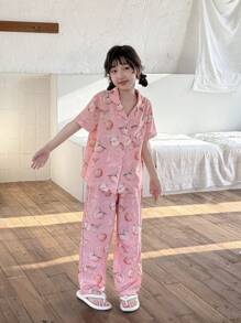 Conjunto de pijama de 2 piezas con pantalón y top de manga corta con bolsillo con botones y cuello tipo polo en color melocotón para niñas preadolescentes