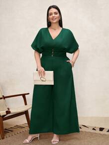 SHEIN Clasi Plus Size Women's V-Neck Cinched Waist Linen- Jumpsuit,Dark Green,Summer,Curve,Elegant,Cocktail,Easter,Festival,Derby,Graduation,Church Outfits - Green - View 1