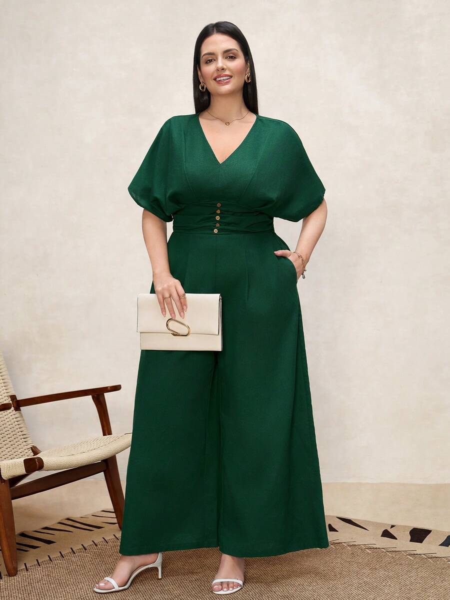 SHEIN Clasi Plus Size Women's V-Neck Cinched Waist Linen- Jumpsuit,Dark Green,Summer,Curve,Elegant,Cocktail,Easter,Festival,Derby,Graduation,Church Outfits - Green - View 1