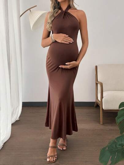 SHEIN Pregnant Women Solid Color Fish Tail Hem Fitted Elegant Halter Neck Dress Maternity Dress